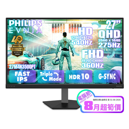 PHILIPS EVNIA 27" 2K QHD Fast IPS 三模式 (2K 275Hz ↔ FHD 360Hz ↔ HD 540Hz) 電競顯示器 27M4N3500PT